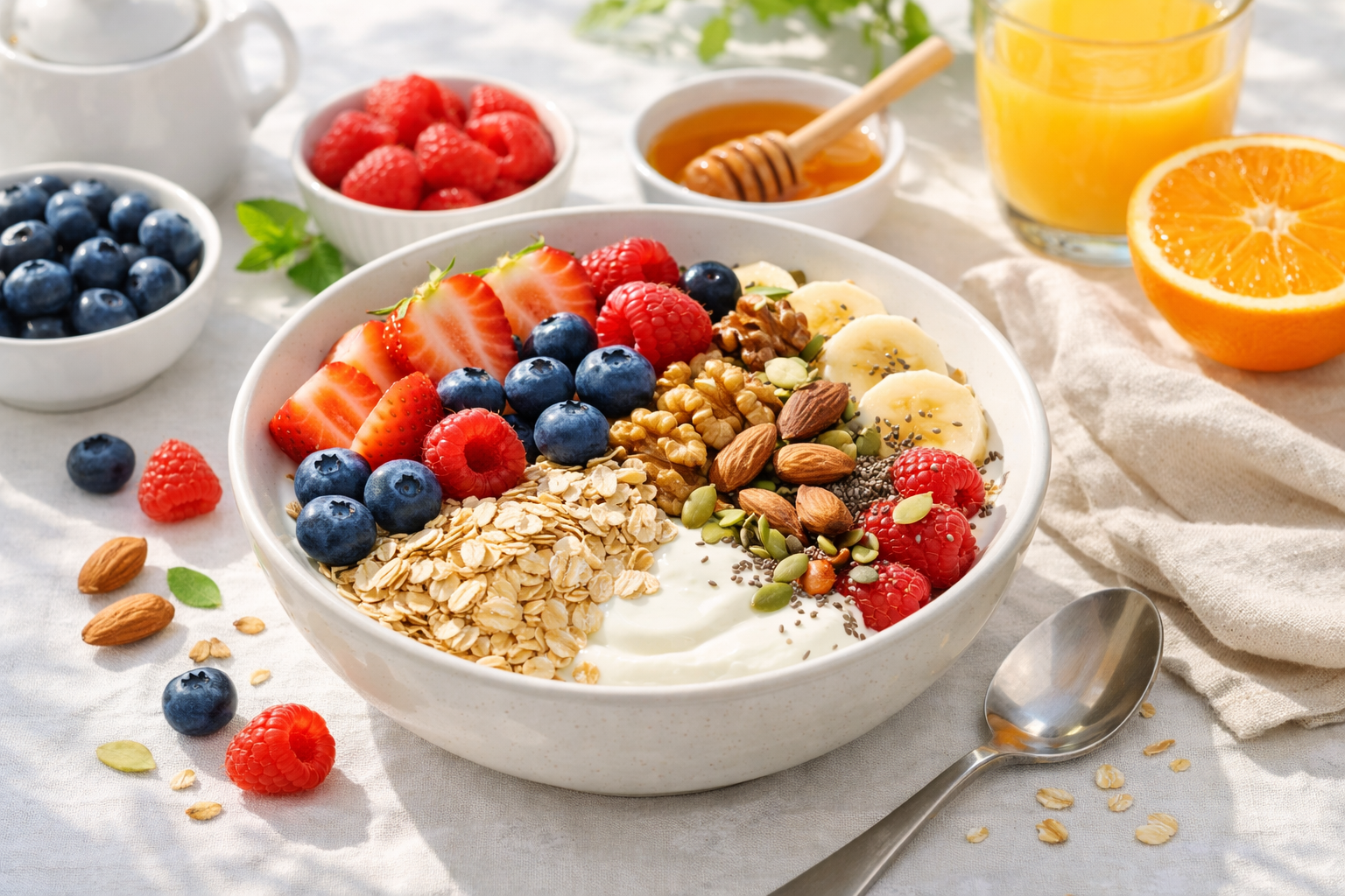 Fresh healthy breakfast bowl with oats, berries, nuts and yogurt on a bright morning table, natural light, vibrant colors, wellness lifestyle concept